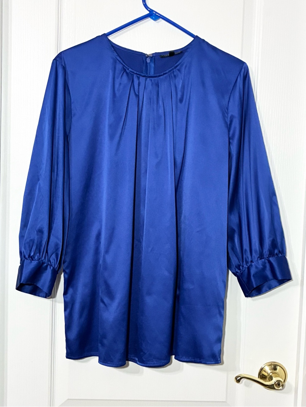 Y2K Harvé Benard Collection Pleated Skirted Back Satin Blouse Royal Blue Size 14